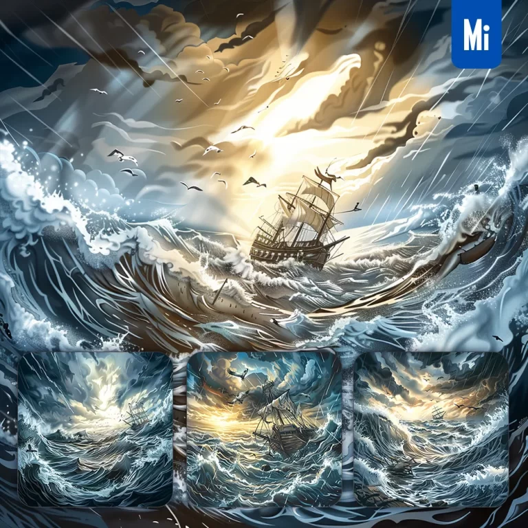 midjourney prompt stormy sea ship rainstorm water wave cloud landscape illustration