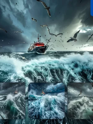 Midjourney Prompt Stormy Sea Ship Rainstorm Water Wave Cloud Landscape Photography