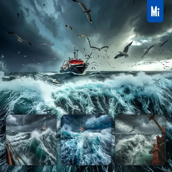 Midjourney Prompt Stormy Sea Ship Rainstorm Water Wave Cloud Landscape Photography