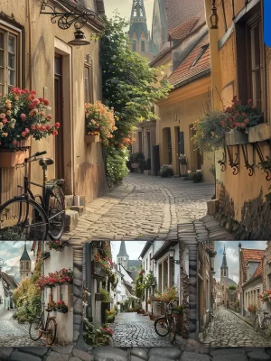 Midjourney Prompt Street European Village Windowsill Flower Bicycle Landscape Photography