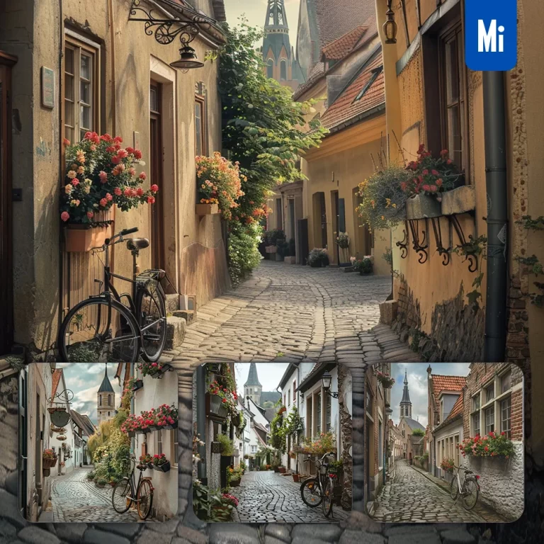 midjourney prompt street European village windowsill flower bicycle landscape photography