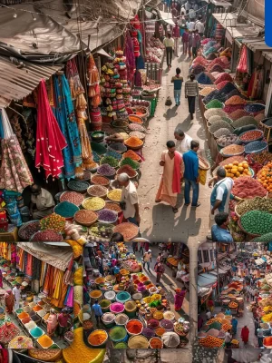 Midjourney Prompt Street Market Colorful Fabric Spice Fruit People Landscape Photography