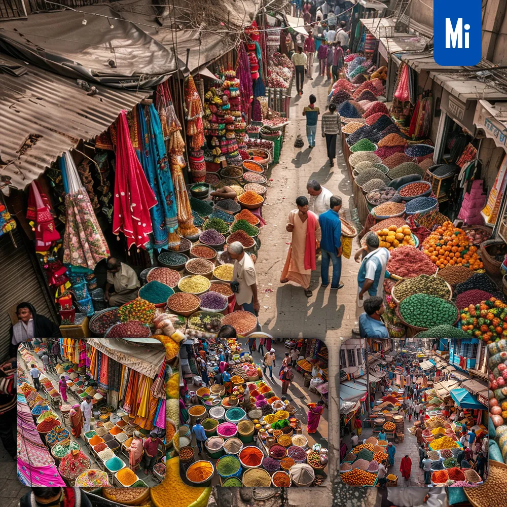 Midjourney Prompt Street Market Colorful Fabric Spice Fruit People Landscape Photography