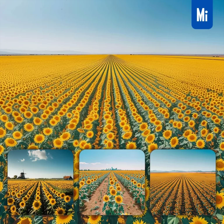 midjourney prompt sunflower field midday horizon sky flower landscape photography