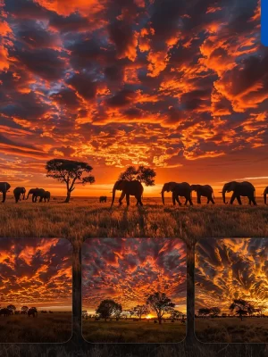 Midjourney Prompt Sunset Savanna Tree Silhouette Sky Cloud Elephant Landscape Photography