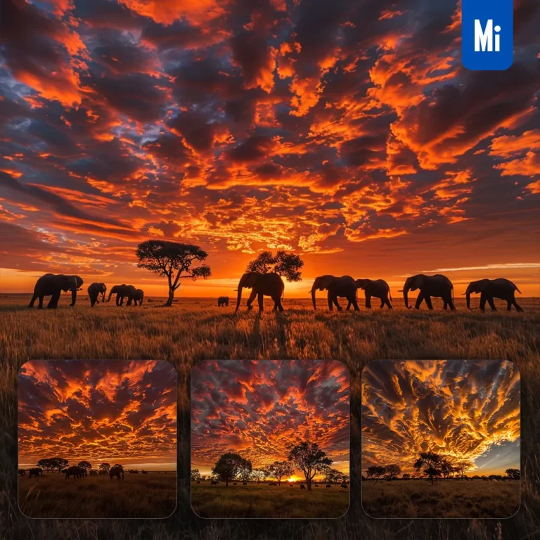 midjourney prompt sunset savanna tree silhouette sky cloud elephant landscape photography