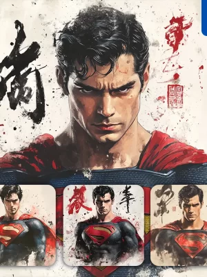 Midjourney Prompt Superman Dc Comics Front Portrait Chinese Ink Painting Brush Strokes Pose Traditional Artistic Monochrome
