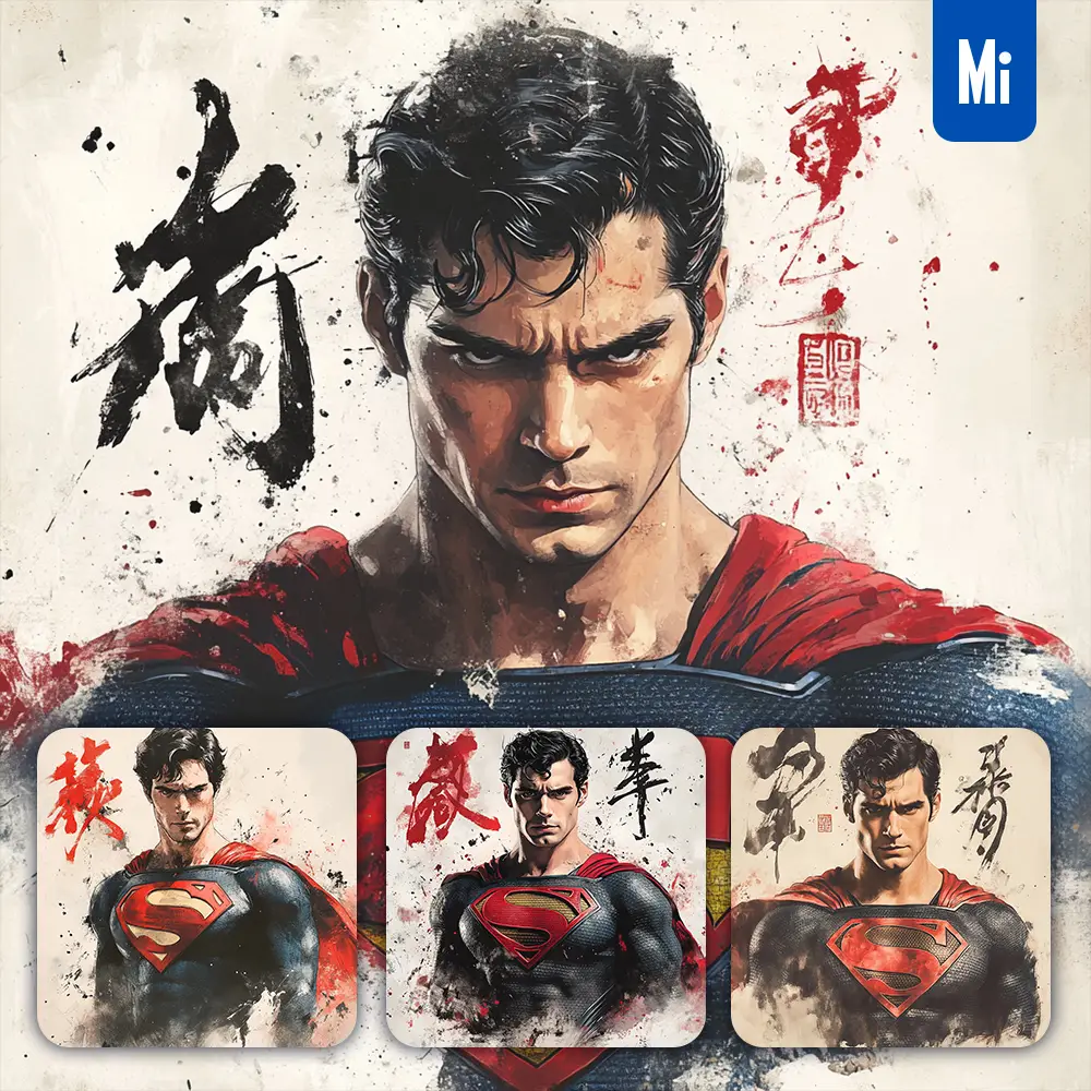 Midjourney Prompt Superman Dc Comics Front Portrait Chinese Ink Painting Brush Strokes Pose Traditional Artistic Monochrome