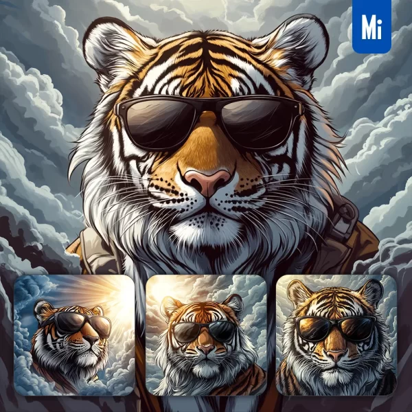 Midjourney Prompt Tiger Glasses Sunglass Front Painting Cartoon Illustration