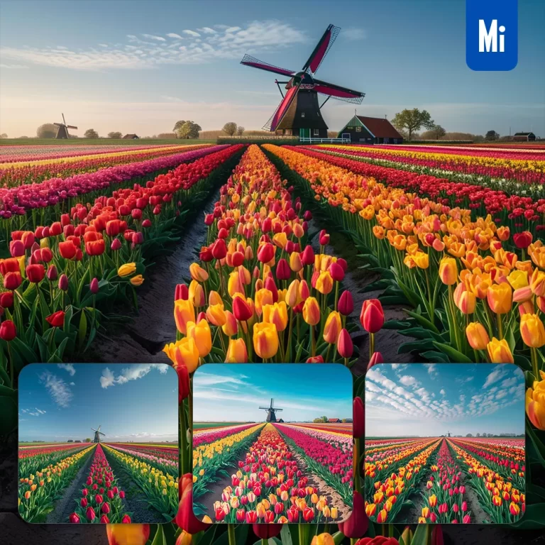 midjourney prompt tulip field sky windmill flower Netherland landscape photography