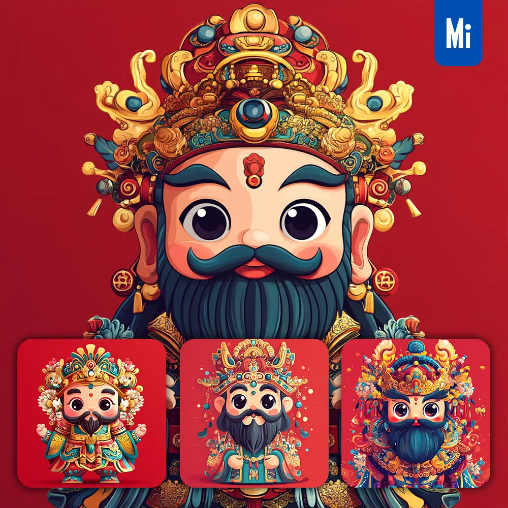 midjourney prompt vector god of wealth 3D rendering cartoon cute golden money red envelope illustration