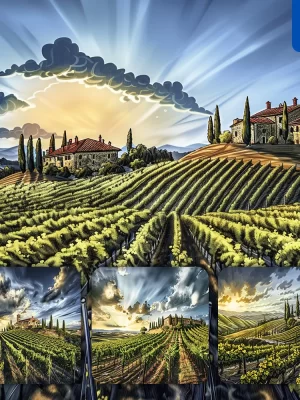 Midjourney Prompt Vineyard Grapevine Farmhouse Tree Hill Sky Landscape Illustration