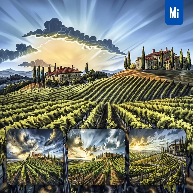 midjourney prompt vineyard grapevine farmhouse tree hill sky landscape illustration