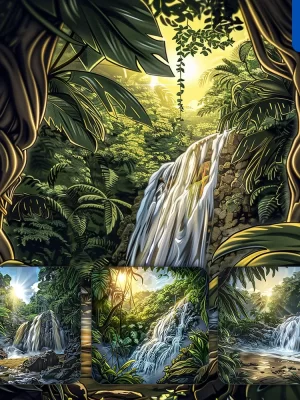 Midjourney Prompt Waterfall Jungle Tropical Foliage Landscape Illustration