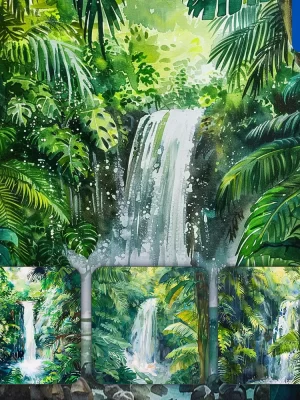 Midjourney Prompt Waterfall Jungle Tropical Foliage Landscape Illustration Watercolor