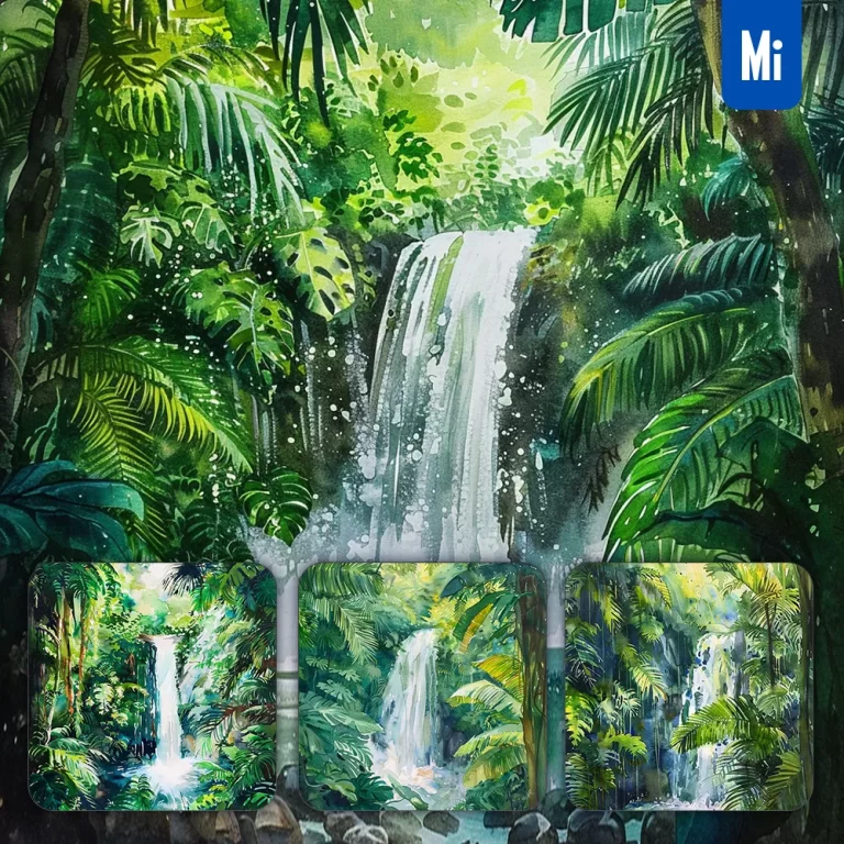 midjourney prompt waterfall jungle tropical foliage landscape illustration watercolor