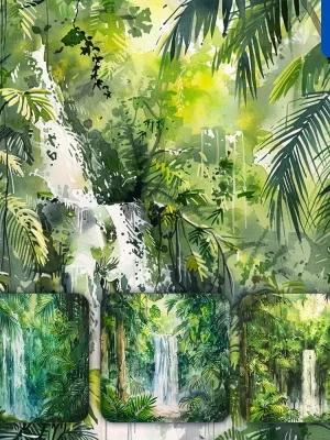 Midjourney Prompt Waterfall Jungle Tropical Foliage Landscape Illustration Watercolor Ink Painting