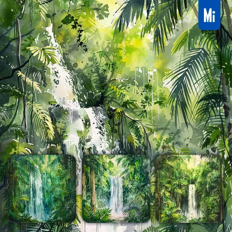midjourney prompt waterfall jungle tropical foliage landscape illustration watercolor ink painting