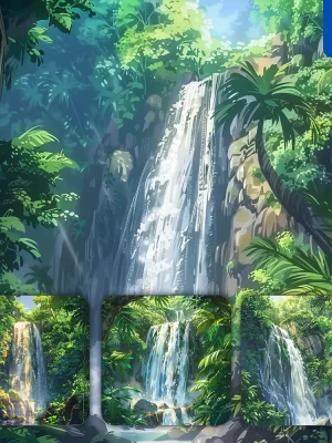 Midjourney Prompt Waterfall Jungle Tropical Foliage Landscape Illustration Watercolor Painting Cartoon