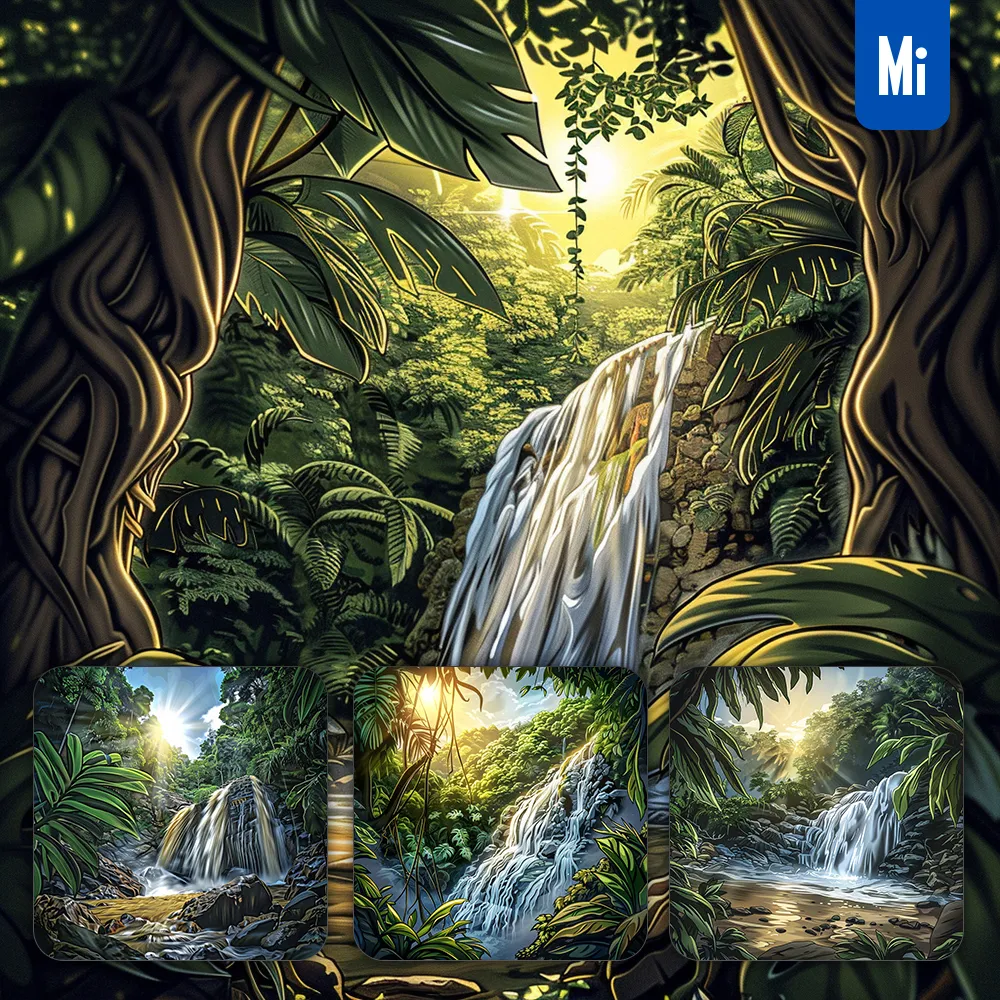 Midjourney Prompt Waterfall Jungle Tropical Foliage Landscape Illustration