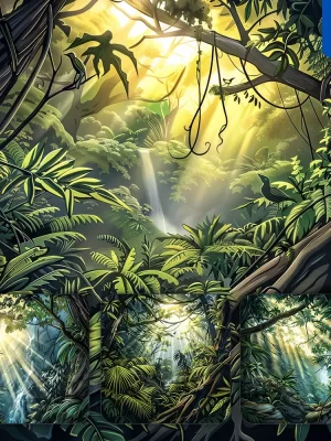 Midjourney Prompt Waterfall Water Moss Rock Tropical Rainforest Scene Rainbow Landscape Illustration Comics