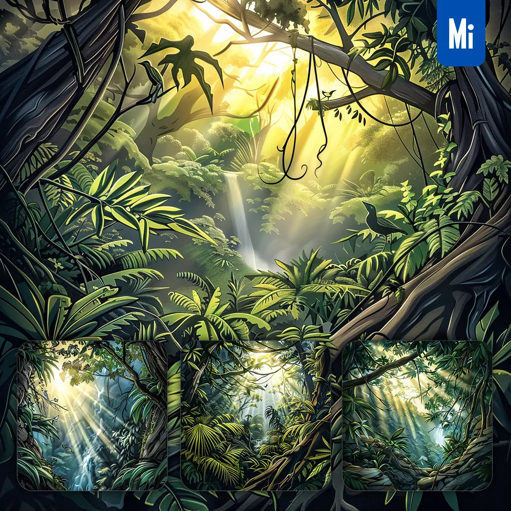 Midjourney Prompt Waterfall Water Moss Rock Tropical Rainforest Scene Rainbow Landscape Illustration Comics