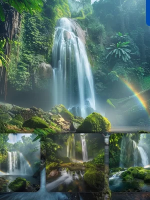 Midjourney Prompt Waterfall Water Moss Rock Tropical Rainforest Scene Rainbow Landscape Photography