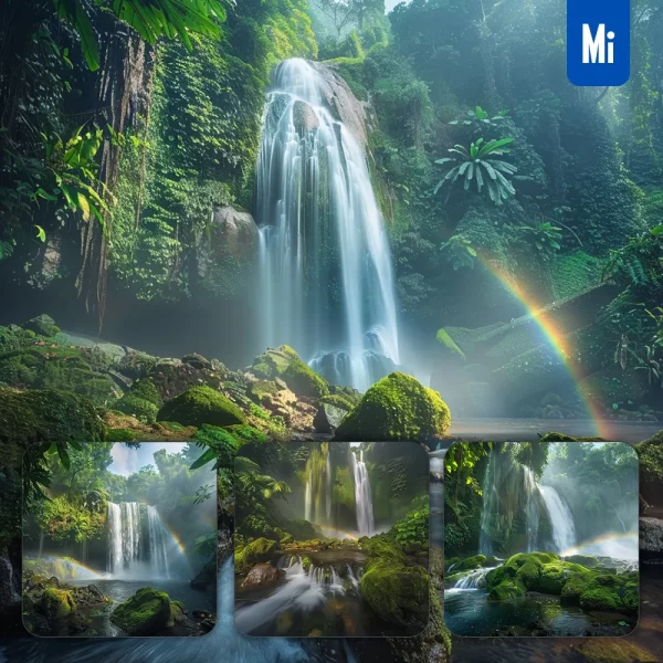 Midjourney Prompt Waterfall Water Moss Rock Tropical Rainforest Scene Rainbow Landscape Photography