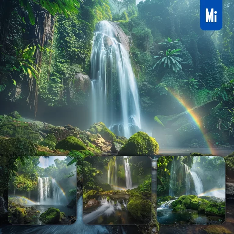 midjourney prompt waterfall water moss rock tropical rainforest scene rainbow landscape photography