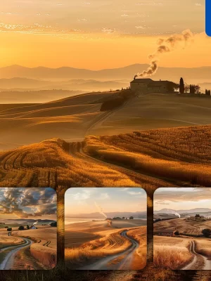 Midjourney Prompt Wheat Countryside Sunset Golden Hill Cornfield Farmhouse Landscape Photography