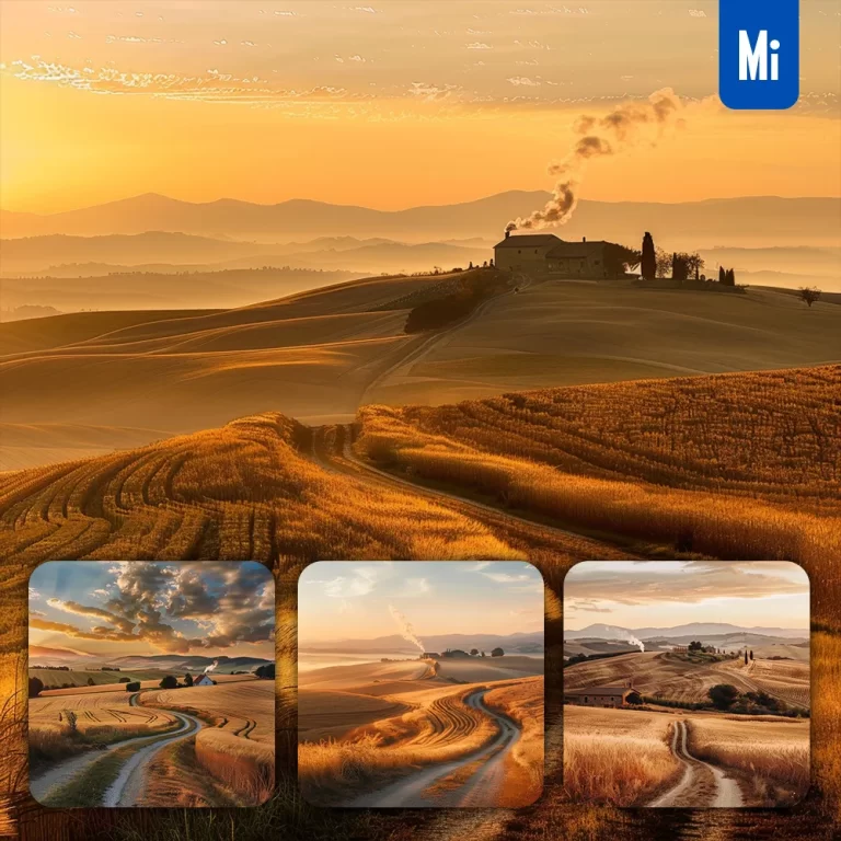 midjourney prompt wheat countryside sunset golden hill cornfield farmhouse landscape photography