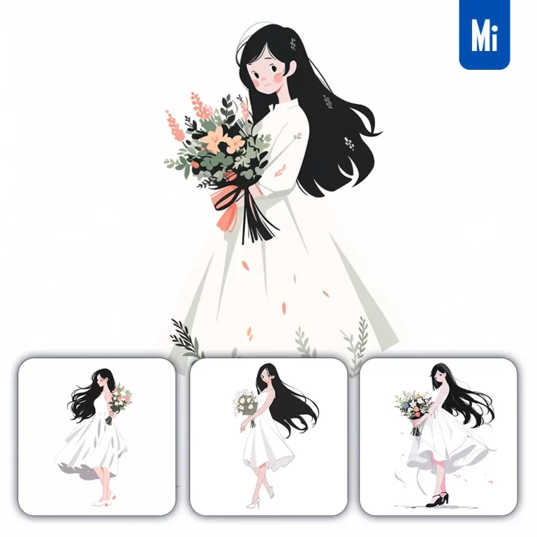 midjourney prompt white dress girl bouquet beautiful portrait vector flat illustration