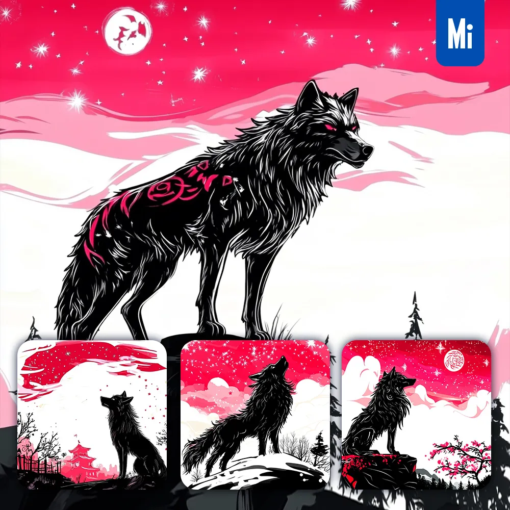 Midjourney Prompt Wolf Black Pink Cloud Star Sky Drawing Illustration