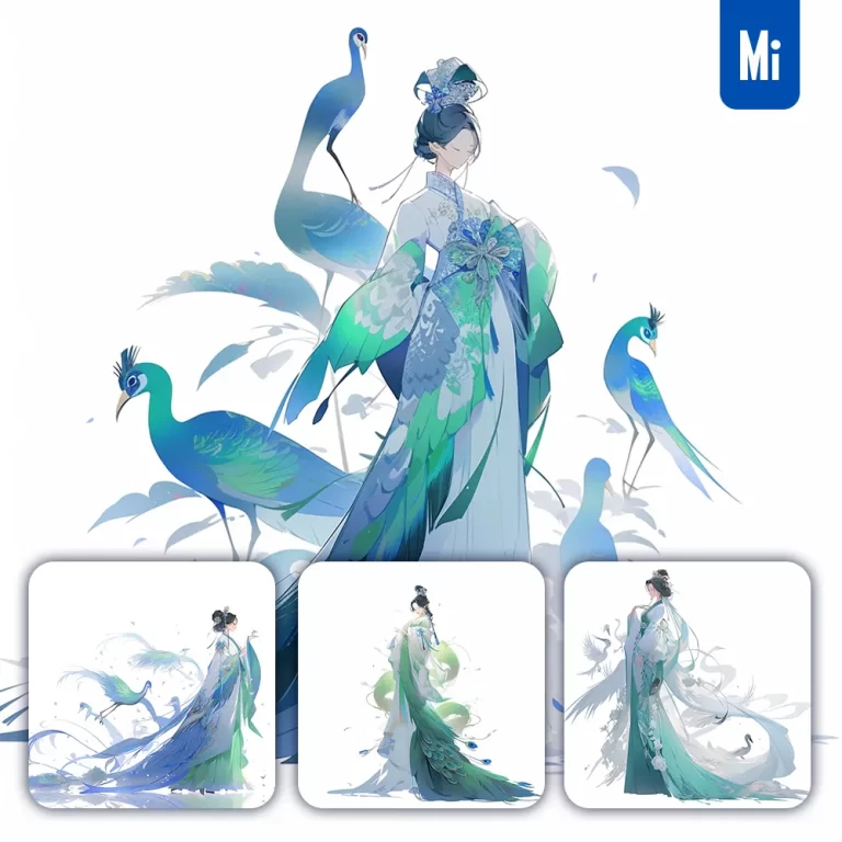 midjourney prompt woman princess fairy dress girl traditional Chinese peacock illustration drawing