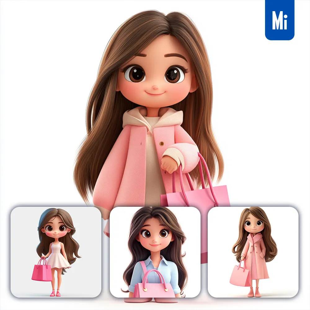 midjourney prompt 3D girl shopping bag woman cartoon cute animation