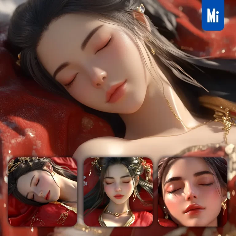 midjourney prompt 3D woman red sleep Chinese painting