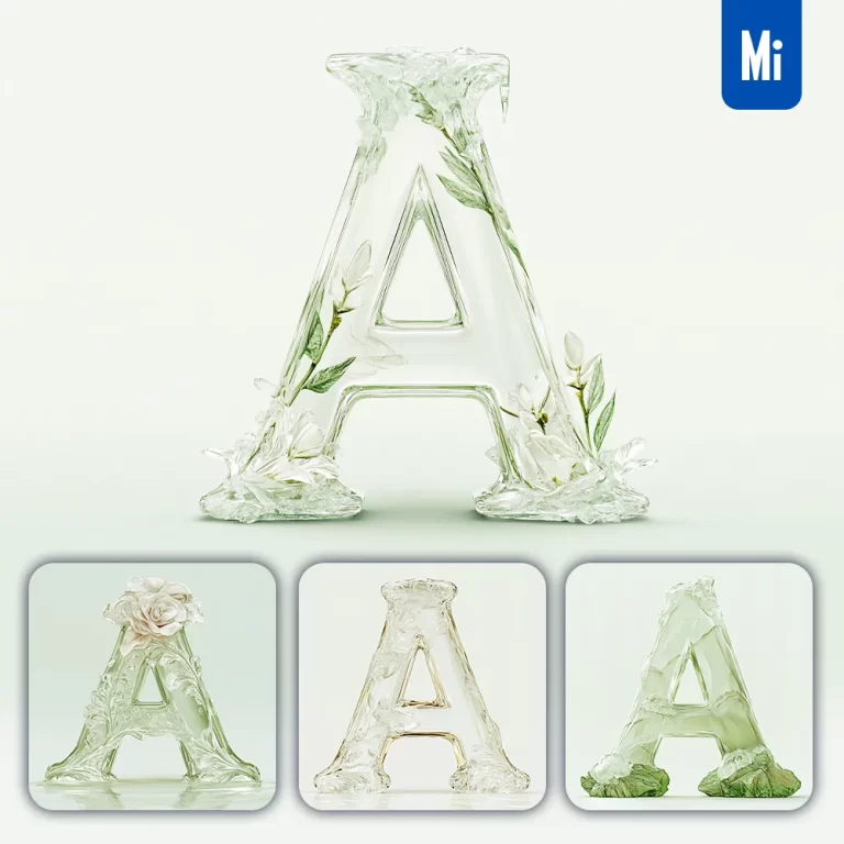 midjourney prompt A letter ice glass transparent 3D