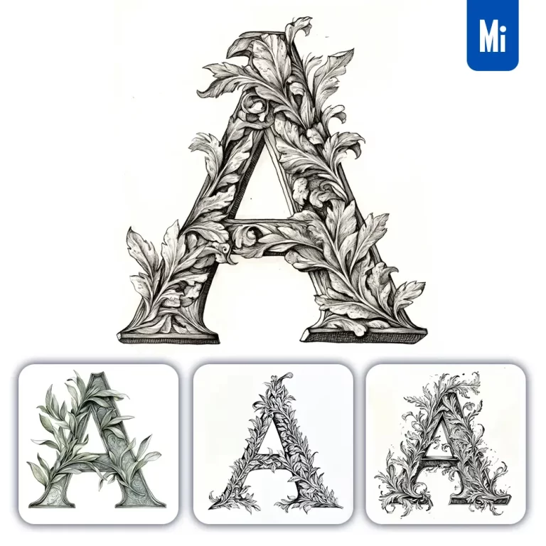 midjourney prompt A letter leaves ink black and white drawing illustration