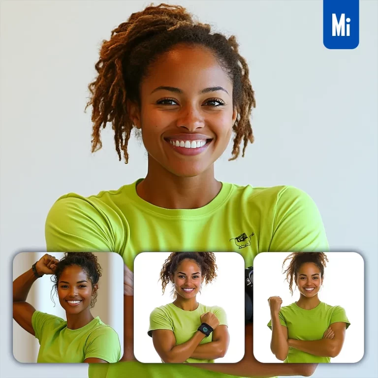midjourney prompt African American woman fitness strong lime green T-shirt photography