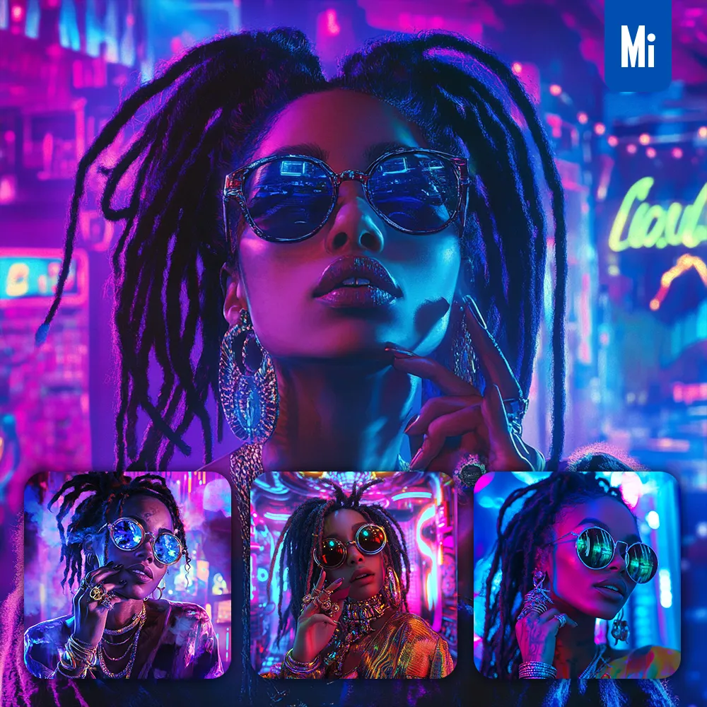 midjourney prompt African American woman sunglasses dreadlocks neon light purple party photography
