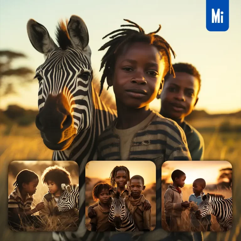 midjourney prompt African boy zebra light sunshine photography