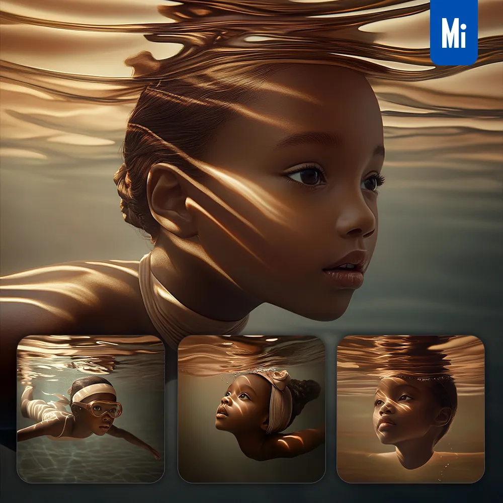 midjourney prompt African girl children kid swimming underwater light brown photography