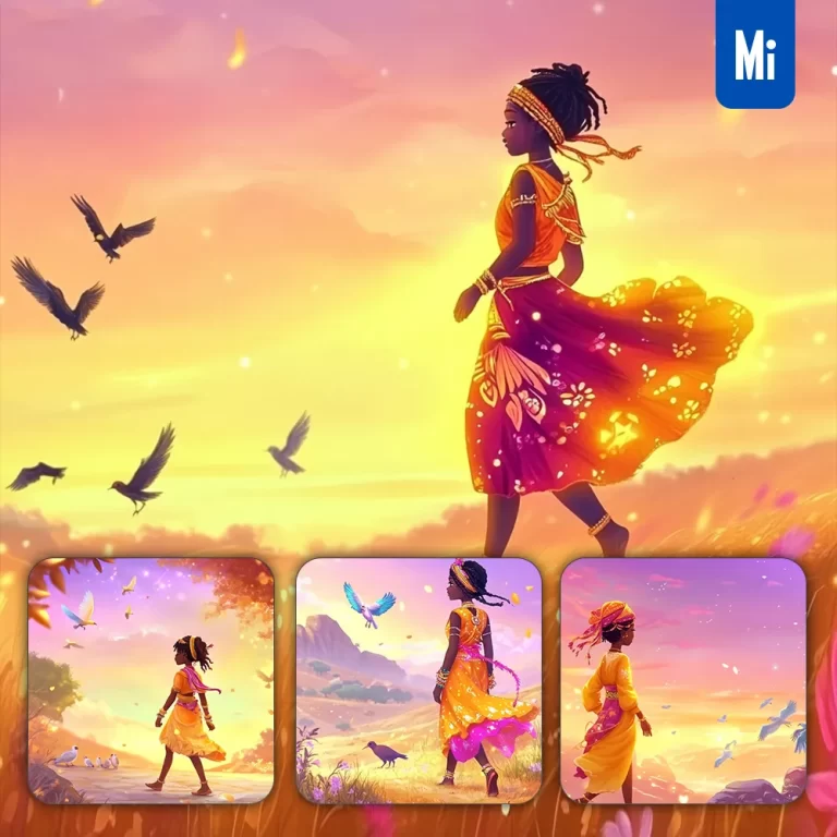 midjourney prompt African girl walking bird illustration painting