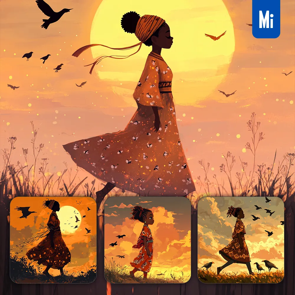 midjourney prompt African girl walking bird sunset illustration painting