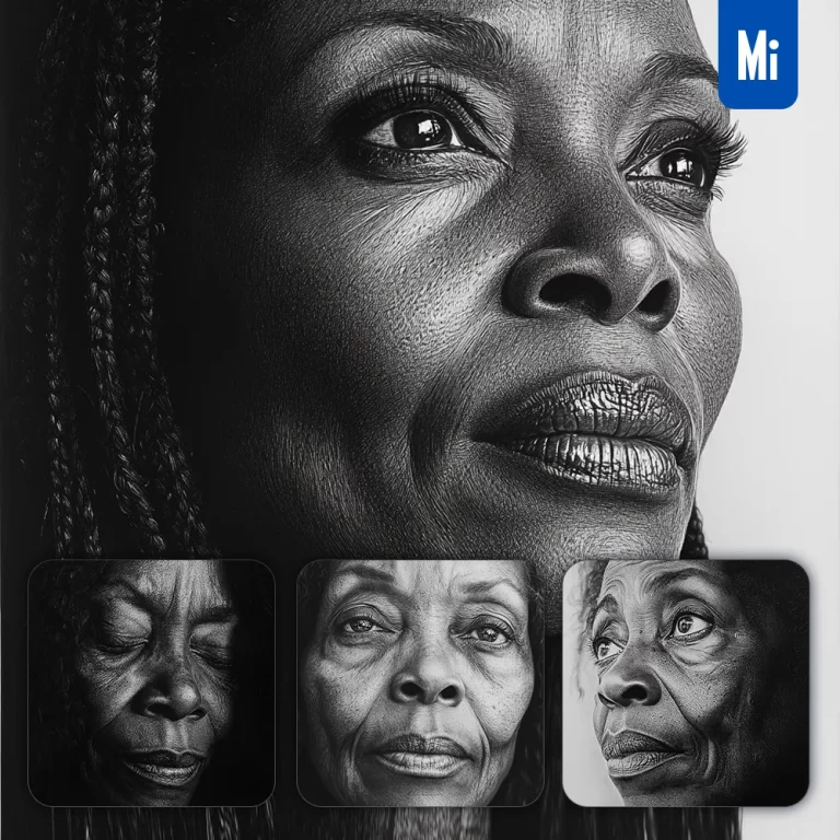 midjourney prompt African old woman female head face black and white drawing