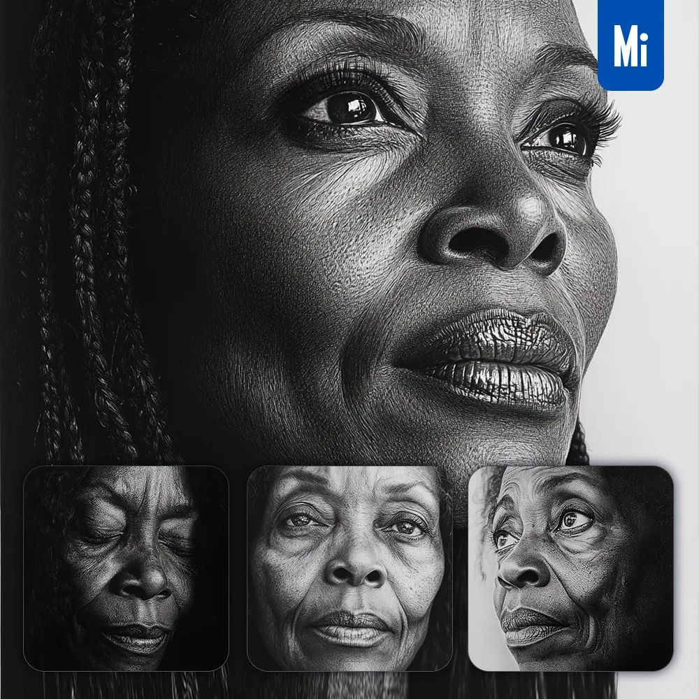 midjourney prompt African old woman female head face black and white drawing