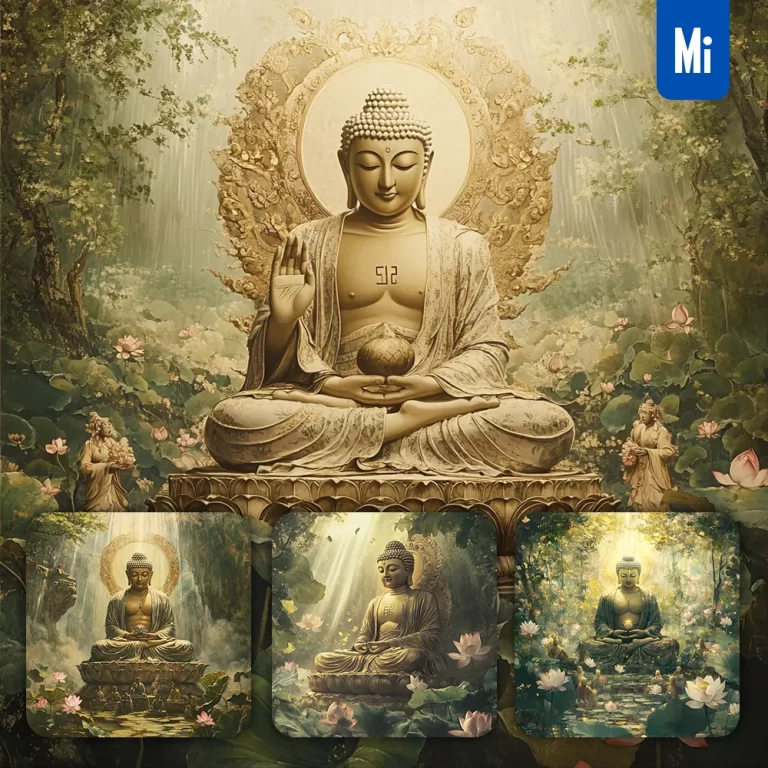 midjourney prompt Akuma Buddha sit seat peaceful lotus sunlight light