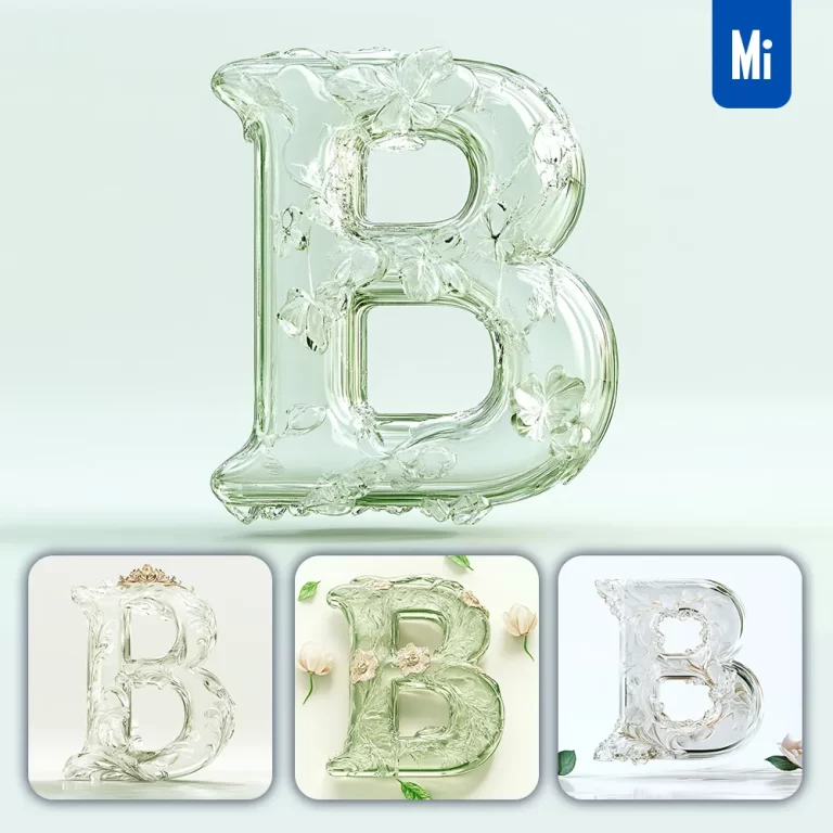 midjourney prompt B letter ice glass transparent 3D