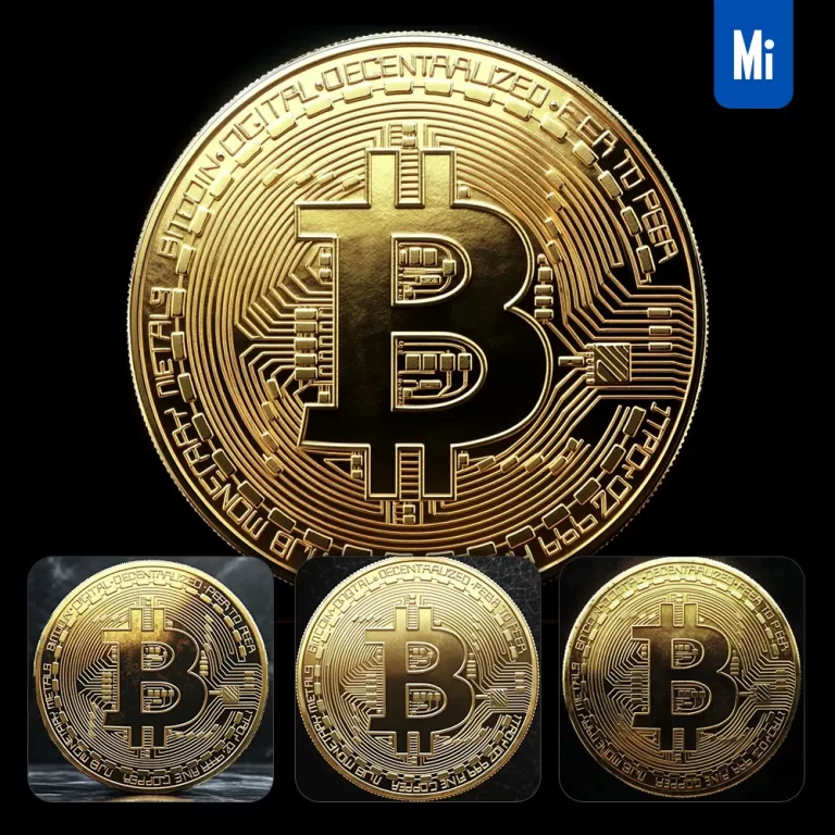 midjourney prompt BTC Bitcoin gold coin front golden 3D photography