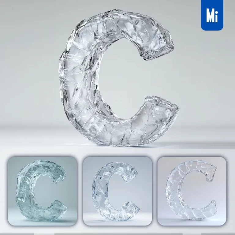 midjourney prompt C letter ice transparent 3D frozen